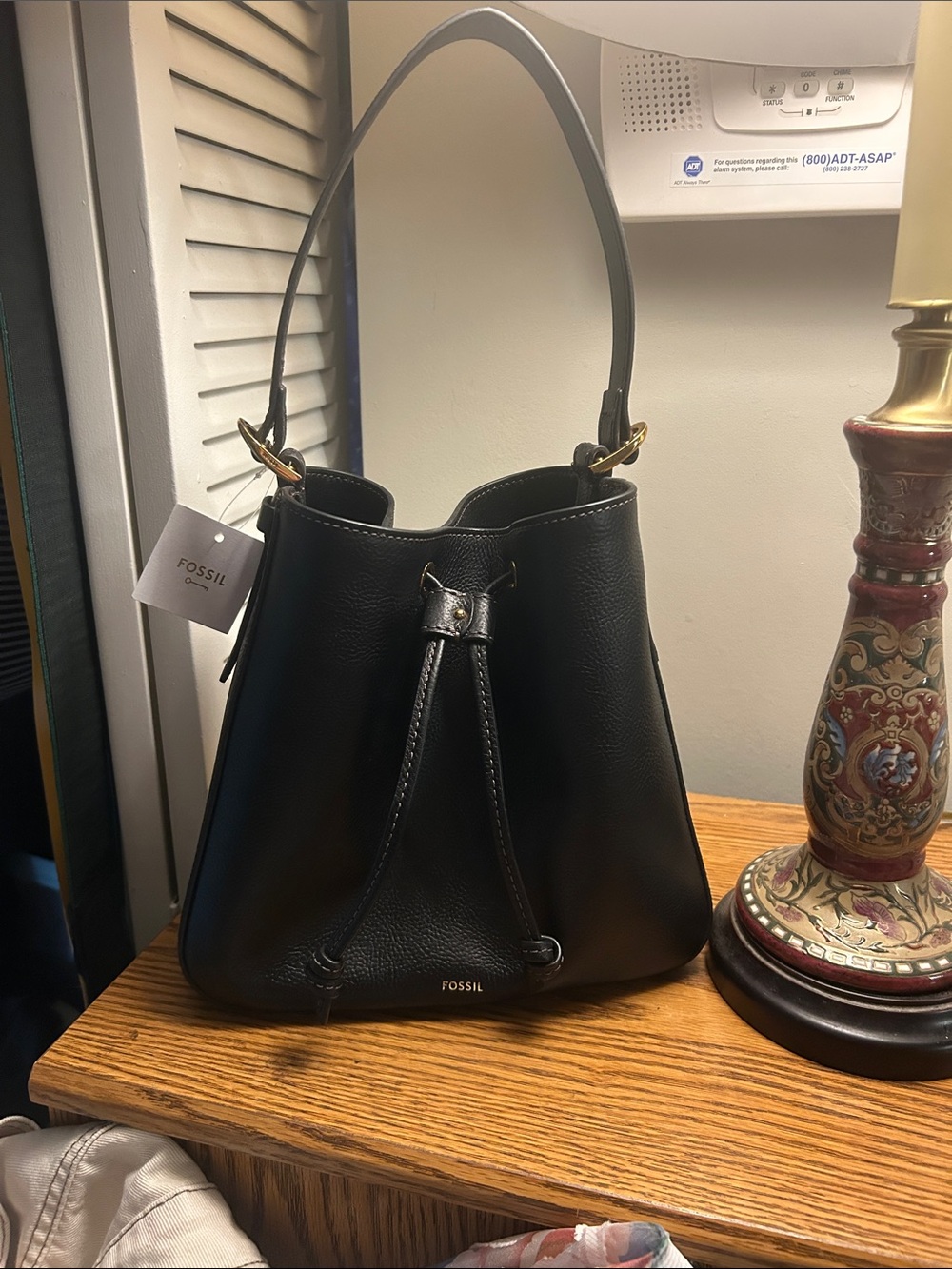 Fossil Black Pebbled Leather Drawstring Tessa Bucket Shoulder Bag
